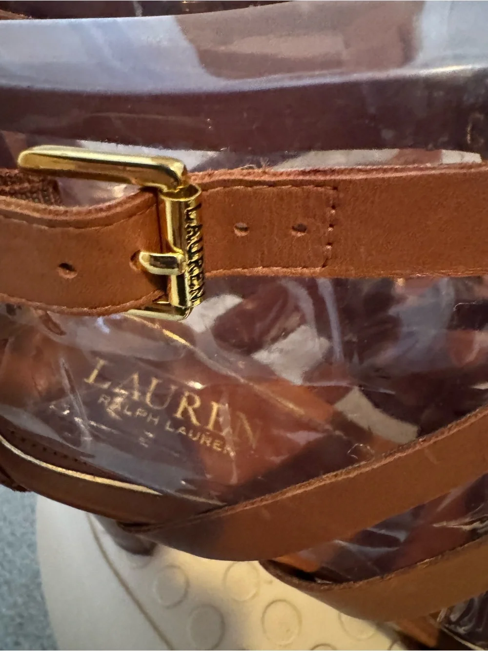 Lauren Ralph Lauren Brown Leather Multi-Strap Gladiator Heels with Gold Rings.